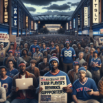 Create an image that depicts a scene outside a bustling New York stadium in the evening, with a disappointed group of New York Giants supporters wearing team jerseys and holding signs. The stadium sig