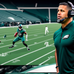 Create an image of Philadelphia Eagles' head coach Nick Sirianni in a press conference setting, talking intensely with a backdrop featuring a pristine football field and the Eagles' and Giants' logos.