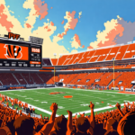 An illustrated overview of a football stadium where PFF analysts are grading the Cincinnati Bengals' offensive line on a giant scoreboard, showing player stats and performance metrics, with cheering f