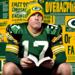 Create an image of a football fan, wearing Green Bay Packers gear, frantically reading exaggerated sports headlines with words like 'Overreaction' and 'Fact or Fiction?' visibly highlighted. The backg