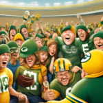 Create an image of a whimsical cartoon scene at a football stadium where a confident superhero dressed in a Caleb Williams jersey is surrounded by amused Green Bay Packers fans wearing cheese hats, al