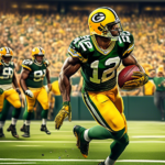 Create a dynamic and realistic scene showcasing NFL player Xavier McKinney in a Green Bay Packers uniform making an outstanding play on the football field. Capture him diving to intercept a pass with