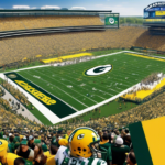 Create an image of the Packers vs Colts game day preview, showing a split-screen stadium filled with enthusiastic fans in green and yellow on one side and blue and white on the other. Capture a vibran