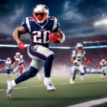 Create an image showcasing a dynamic scene of a New England Patriots running back, wearing the team's iconic red, white, and blue uniform, triumphantly breaking through the defense on a football field