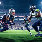 Create an image that illustrates a dynamic football scene with the New England Patriots and Seattle Seahawks in action on the field. The Patriots players should appear determined and intense as they f