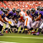 Create an image depicting an intense, dynamic football scene with players from the Baltimore Ravens and Kansas City Chiefs facing off under bright stadium lights. Highlight the anticipation and compet