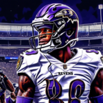 A vivid illustration of Lamar Jackson, the star quarterback of the Baltimore Ravens, looking determined under the bright stadium lights, with the daunting shadows of formidable Dallas Cowboys players