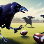 Digital artwork of healthy, athletic ravens playing American football on a sunny field, with one raven wearing a bandage but actively participating.