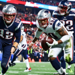 Create an image depicting a football game scene where the New England Patriots are facing challenges. The Patriots' quarterback appears frustrated in the Red Zone with a broken down play, while the wi