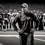 Create a detailed image of a football field with Coach Sean Payton confidently strategizing on the sidelines. In the background, highlight a shadowy figure representing Russell Wilson walking away. Em