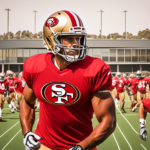 Create an image of Ricky Pearsall in full 49ers football gear, confidently entering the 49ers' state-of-the-art training facility with a sense of determination and focus. Background should include a m