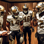 Digital artwork of a tense pre-game locker room meeting with the New Orleans Saints, showcasing players in deep discussion and strategizing with a playbook, in a vibrant, highly detailed style.