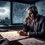 Create an image of a football general manager sitting at his desk in a dimly lit office. The general manager looks deep in thought, with a complex maze of team strategy charts, player statistics, and