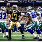 Create an image of an intense American football game between the New Orleans Saints and the Dallas Cowboys, set in a packed stadium. Highlight the Dallas Cowboys fans in the crowd, showing their excit