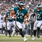 Create an image that captures an exciting moment from a football game where Saquon Barkley, wearing an Eagles jersey, impresses his teammates. Show him in mid-action, perhaps dodging opponents or maki