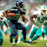 Create an image of a dynamic football scene where a fast wide receiver, newly signed by the Seattle Seahawks, is sprinting down the field during a high-stakes game against the Miami Dolphins. The rece