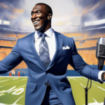 A digital painting depicting Shannon Sharpe undergoing a transformation, with half of his body in a football uniform catching a pass, and the other half dressed in a suit speaking into a microphone, s