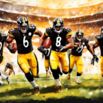 Create an action-packed illustration showcasing Pittsburgh Steelers' key offensive players, like their quarterback, wide receiver, and running back, dominating the Denver Broncos' defense during an in