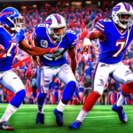 Dynamic digital artwork showing Christian Benford and Rasul Douglas, both in Buffalo Bills uniforms, executing a coordinated defensive play on a brightly lit football field, with an exhilarated crowd