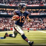 Create a dynamic, high-energy image of an American football game. Focus on a Texas kicker in the moment of kicking a field goal as a Chicago Bears player dives to block it. The stadium is filled with