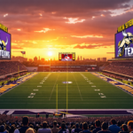 An artistically rendered football field at sunset, divided in half with the Minnesota Vikings on one side and the Houston Texans on the other, each team looking at a giant scoreboard displaying a uniq