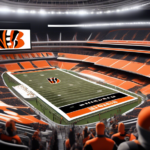 Create a dynamic and visually engaging image featuring the Cincinnati Bengals in 2024, with bold and colorful elements symbolizing three daring forecasts. Include a futuristic, high-tech stadium fille