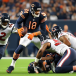 Create an action-packed scene for 'Sunday Night Football' showcasing the Chicago Bears battling the Houston Texans. Focus on three crucial strategies: fierce defensive plays by the Bears, a clever off