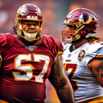 Create a dynamic and inspiring image of Trent Williams, the imposing NFL offensive lineman, standing protectively in front of his teammate Brock Purdy, the young and talented quarterback. The backgrou