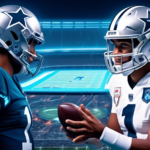 Digital artwork of Tua Tagovailoa and Roger Staubach dressed in football gear, analyzing game strategies together, surrounded by a futuristic football stadium setting with glowing lights and holograph