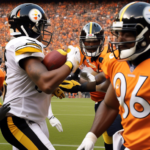 Create an image depicting a high-energy football game between the Pittsburgh Steelers and the Denver Broncos, highlighting unusual statistics on a scoreboard. Include elements like quirky player stats