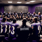 An intense gathering of Baltimore Ravens players and coaching staff in a strategy meeting, under the dim lights of a locker room, with expressions of concern and determination, featuring football stra