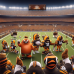 Digital artwork depicting the mascots of the Steelers and Browns celebrating with a trophy on a football field, while the Bengals and Ravens mascots look on in disappointment, set against a stadium ba