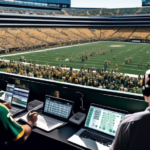 Create an image showing a press box view of commentators and officials preparing for today's Packers vs. Colts game. Include a blend of sports broadcasters with headsets, playbooks, and screens showin