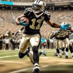 Dynamic digital artwork of a football player in New Orleans Saints gear triumphantly making a game-winning play against Carolina Panthers opponents on a vibrant, crowded stadium background.