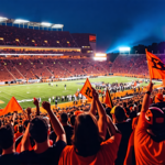 An exhilarated crowd of Cincinnati Bengals fans in football attire, waving team flags and cheering wildly in a packed stadium under vibrant evening lights.