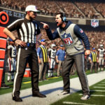 A detailed and clear photo image of an NFL referee having a heated argument with an NFL head coach on the sideline during a game.