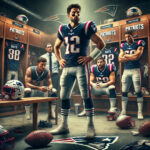 A dramatic scene illustrating a tense moment in a football locker room, showing frustrated players of the New England Patriots.