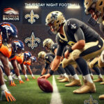 A football game scene during Thursday Night Football between the New Orleans Saints and Denver Broncos.