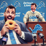 A humorous scene showing Chris Christie eating a large doughnut with a satisfied expression on his face, while in the background