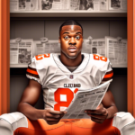 An illustration of Amari Cooper, dressed in a Cleveland Browns uniform, looking surprised while reading a newspaper with a headline about Chiefs trade speculation, in a locker room setting.