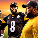 Digital artwork of a proud Mike Tomlin, head coach of the Pittsburgh Steelers, discussing strategies with diverse quarterbacks on a football field during sunset, illustrating leadership and decision-m