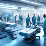 Digital artwork of a futuristic medical facility with robotic doctors examining and rehabilitating injured American football players wearing Chargers jerseys, set against the backdrop of a high-tech s