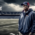 An artistic depiction of a somber American football coach, Alex Van Pelt, wearing New England Patriots attire, standing under a stormy sky on an empty football field looking introspective and distress