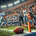 A detailed image of a tense football game scene between two teams, representing the Dallas Cowboys struggling against a rival team in a large stadium